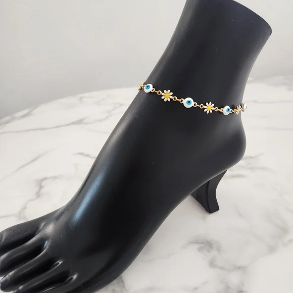Stainless Steel White Blossom Evil Eye Gold Plated Floral Charm Anklet Bracelet - Picture 5 of 15
